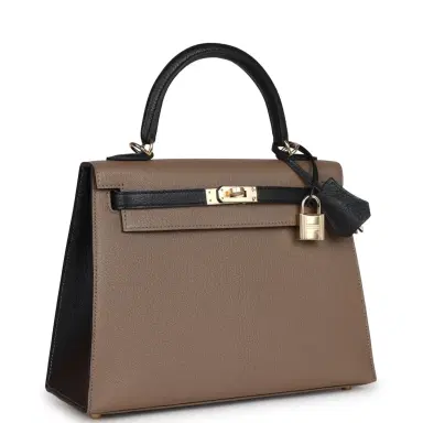 HERMÈS Hermes Special Order (HSS) Kelly Sellier 25 Black and Etoupe Chevre Mysore Permabrass Hardware | Thumbnail 2 HERMÈS Hermes Special Order (HSS) Kelly Sellier 25 Black and Etoupe Chevre Mysore Permabrass Hardware | Thumbnail 2