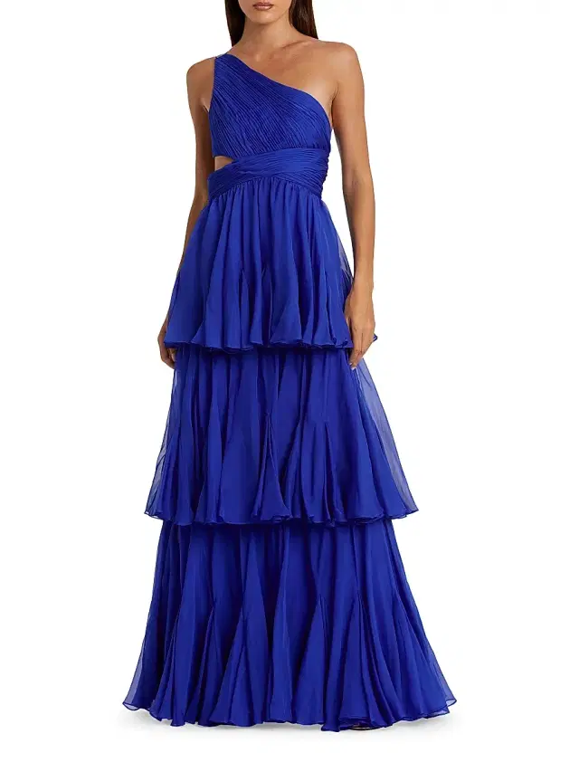 Women's Tiered Chiffon One-Shoulder Gown - Cobalt