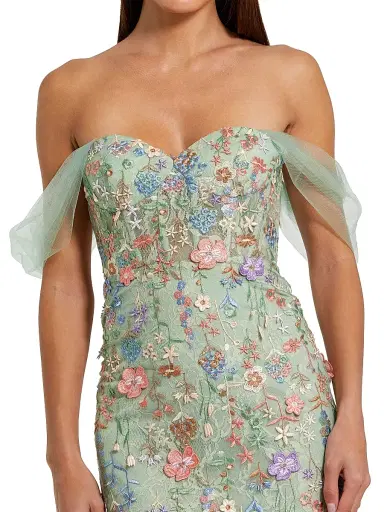 Mac Duggal Women's Seasonless Embroidered Tulle Off-The-Shoulder Bustier Gown - Sage Multi - Size 12 | Thumbnail 3