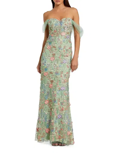 Mac Duggal Women's Seasonless Embroidered Tulle Off-The-Shoulder Bustier Gown - Sage Multi - Size 12 | Thumbnail 1