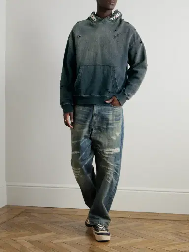 KAPITAL Embellished Suede-Trimmed Distressed Cotton-Jersey Hoodie - Men | Thumbnail 2 KAPITAL Embellished Suede-Trimmed Distressed Cotton-Jersey Hoodie - Men | Thumbnail 2
