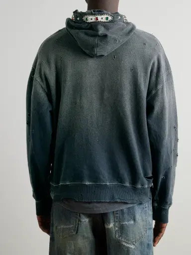 KAPITAL Embellished Suede-Trimmed Distressed Cotton-Jersey Hoodie - Men | Thumbnail 3 KAPITAL Embellished Suede-Trimmed Distressed Cotton-Jersey Hoodie - Men | Thumbnail 3