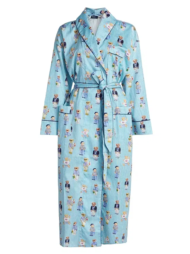 Polo Ralph Lauren Women's Heritage Cotton Striped Polo Bear Robe - Aqua Mist