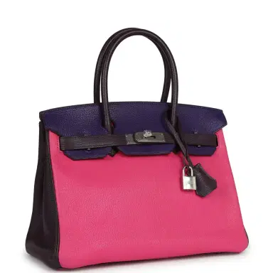 HERMÈS Pre-owned Hermes Special Order (HSS) Birkin 30 Tri-color Raisin, Ultraviolet and Rose Shocking Chevre Palladium Hardware | Thumbnail 2 HERMÈS Pre-owned Hermes Special Order (HSS) Birkin 30 Tri-color Raisin, Ultraviolet and Rose Shocking Chevre Palladium Hardware | Thumbnail 2