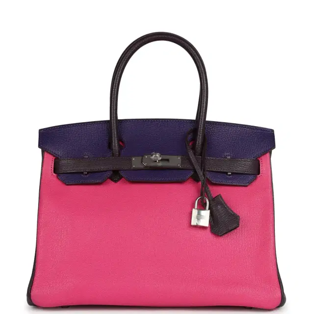 Pre-owned Hermes Special Order (HSS) Birkin 30 Tri-color Raisin, Ultraviolet and Rose Shocking Chevre Palladium Hardware Pre-owned Hermes Special Order (HSS) Birkin 30 Tri-color Raisin, Ultraviolet and Rose Shocking Chevre Palladium Hardware