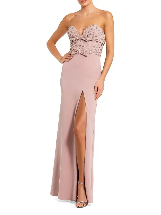 Women's Prom Strapless Crepe Fitted Rhinestone Gown - Dusty Rose