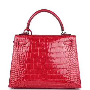 HERMÈS Hermes Kelly Sellier 25 Rose Extreme Shiny Alligator Palladium Hardware | Thumbnail 4