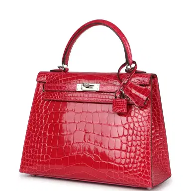 HERMÈS Hermes Kelly Sellier 25 Rose Extreme Shiny Alligator Palladium Hardware | Thumbnail 5