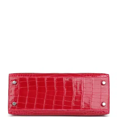 HERMÈS Hermes Kelly Sellier 25 Rose Extreme Shiny Alligator Palladium Hardware | Thumbnail 6