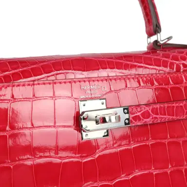 HERMÈS Hermes Kelly Sellier 25 Rose Extreme Shiny Alligator Palladium Hardware | Thumbnail 7