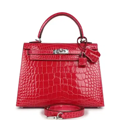 HERMÈS Hermes Kelly Sellier 25 Rose Extreme Shiny Alligator Palladium Hardware | Thumbnail 1