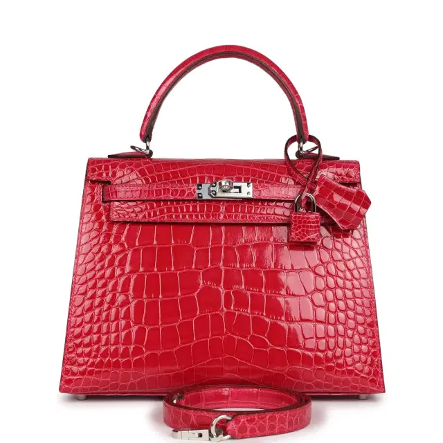 hermes Hermes Kelly Sellier 25 Rose Extreme Shiny Alligator Palladium Hardware