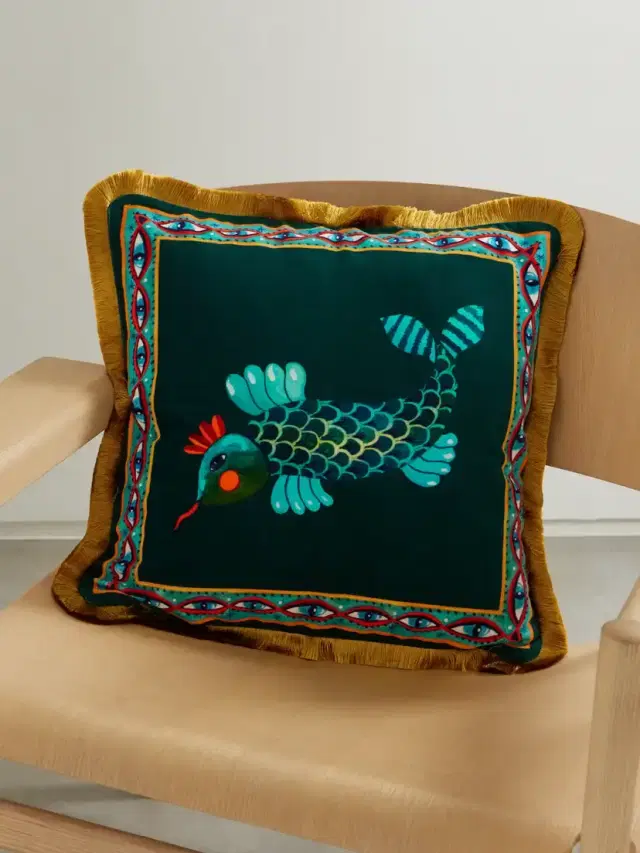 Fringed Printed Cotton-blend Velvet Cushion