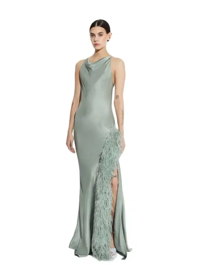 LAPOINTE Satin Halter Gown With Feathers