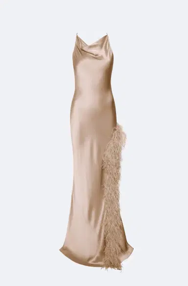 Lapointe Satin Halter Gown With Feathers | Thumbnail 4 Lapointe Satin Halter Gown With Feathers | Thumbnail 4