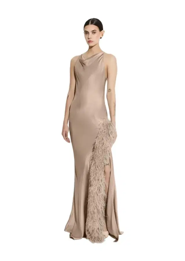 Satin Halter Gown With Feathers