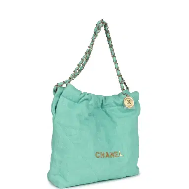 Chanel Chanel Small 22 Bag Light Green Washed Denim Gold Hardware | Thumbnail 2