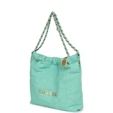 Chanel Chanel Small 22 Bag Light Green Washed Denim Gold Hardware | Thumbnail 5