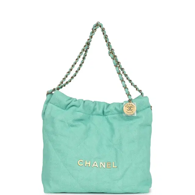 Chanel Chanel Small 22 Bag Light Green Washed Denim Gold Hardware
