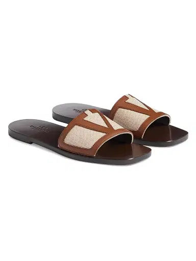 Valentino Garavani Men's Viva Superstar Slide Sandals in Canvas and Nappa - Natural Tobacco | Thumbnail 2