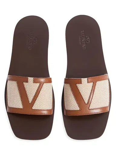 Valentino Garavani Men's Viva Superstar Slide Sandals in Canvas and Nappa - Natural Tobacco | Thumbnail 4