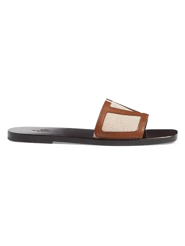 Valentino Garavani Men's Viva Superstar Slide Sandals in Canvas and Nappa - Natural Tobacco