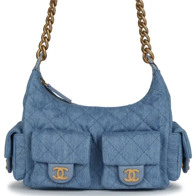 Chanel Chanel Large Cargo Hobo Bag Light Blue Washed Denim Brushed Gold Hardware