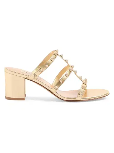 Valentino Garavani Women's Rockstud Slide 60MM Sandals in Laminated Nappa - Antique Brass - Size 11 | Thumbnail 1 Valentino Garavani Women's Rockstud Slide 60MM Sandals in Laminated Nappa - Antique Brass - Size 11 | Thumbnail 1