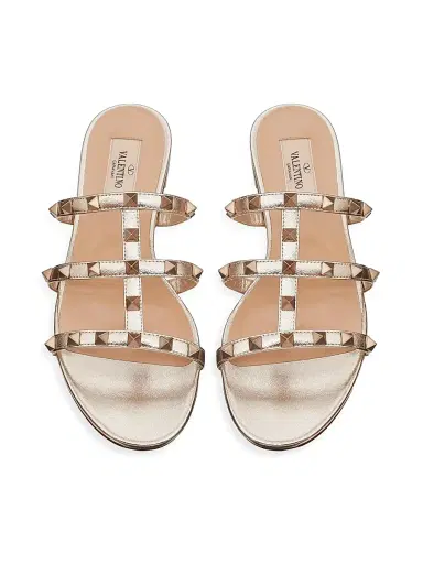 Valentino Garavani Women's Rockstud Flat Metallic Nappa Slide Sandals - Skin | Thumbnail 4