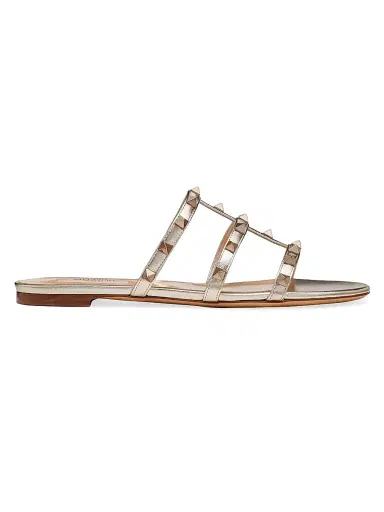 Valentino Garavani Women's Rockstud Flat Metallic Nappa Slide Sandals - Skin | Thumbnail 1