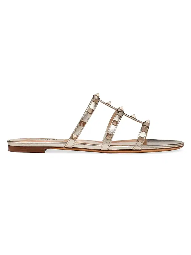 Women's Rockstud Flat Metallic Nappa Slide Sandals - Skin