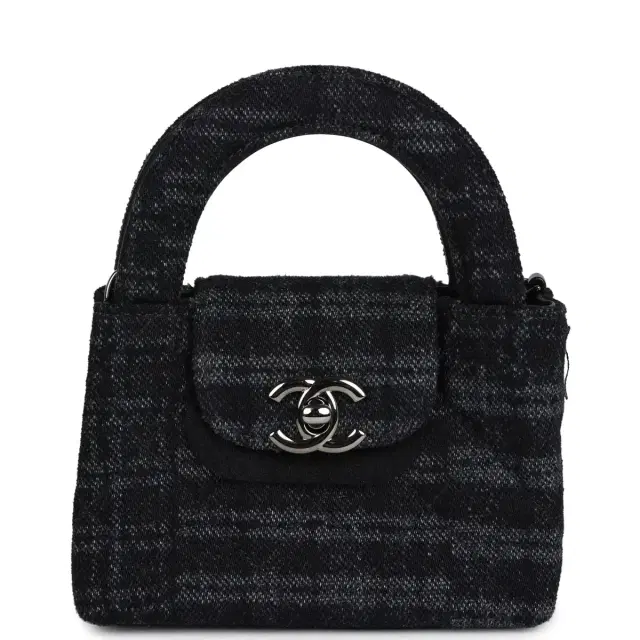 Chanel Chanel Nano Kelly Shopper Black and Grey Printed Denim Ruthenium Hardware
