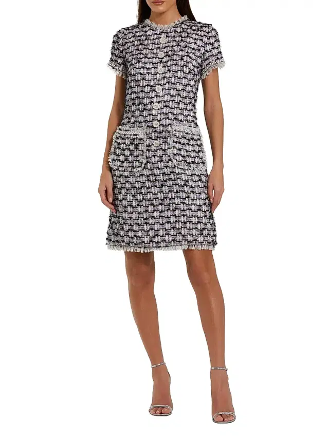 Women's Floral Beaded Tweed Dress - Black Multi