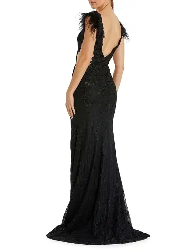 Mac Duggal Women's Feather-Trimmed Lace Wrap Gown | Thumbnail 2