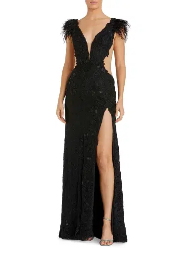 Mac Duggal Women's Feather-Trimmed Lace Wrap Gown | Thumbnail 1
