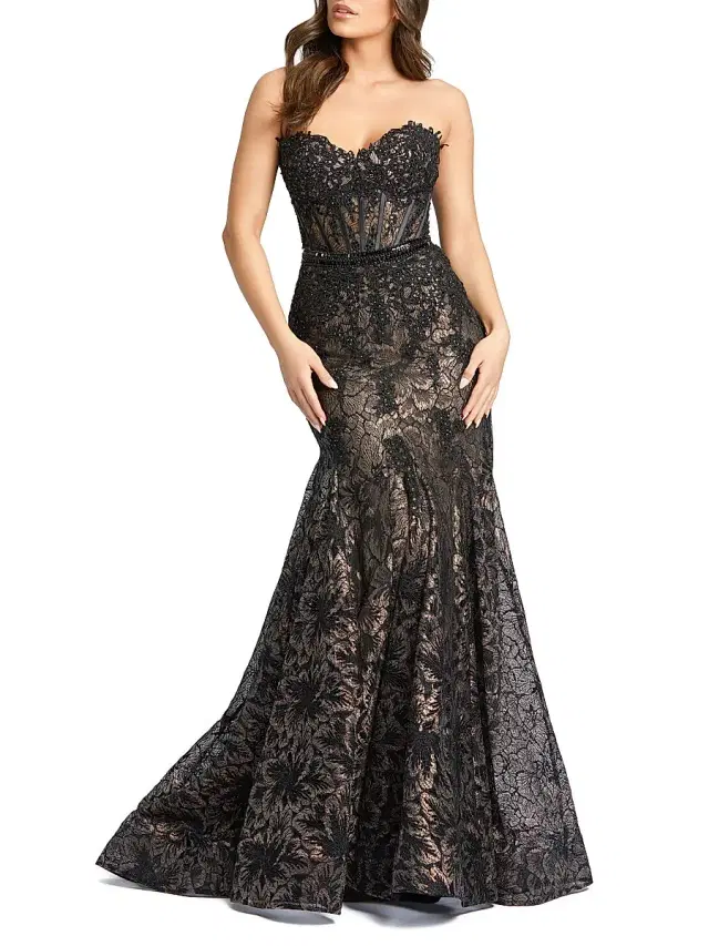 Women's Evening Sequined Lace Strapless Gown - Black Beige
