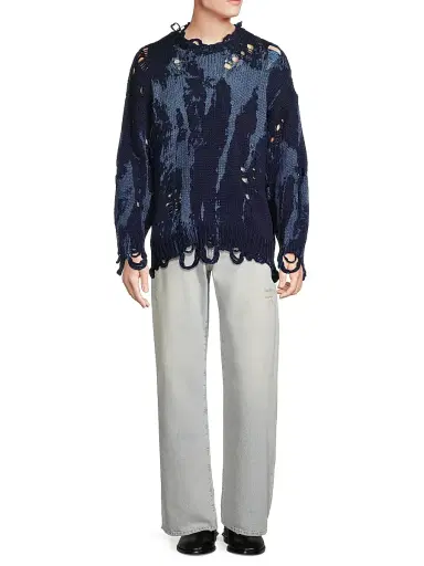 R13 Men's Distressed Cotton Oversized Sweater - Blue Splatter | Thumbnail 2 R13 Men's Distressed Cotton Oversized Sweater - Blue Splatter | Thumbnail 2