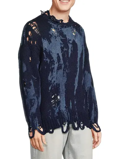 R13 Men's Distressed Cotton Oversized Sweater - Blue Splatter | Thumbnail 4 R13 Men's Distressed Cotton Oversized Sweater - Blue Splatter | Thumbnail 4