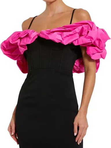 Mac Duggal Women's Prom Crepe Off-The-Shoulder Column Gown - Black Hot Pink - Size 10 | Thumbnail 3