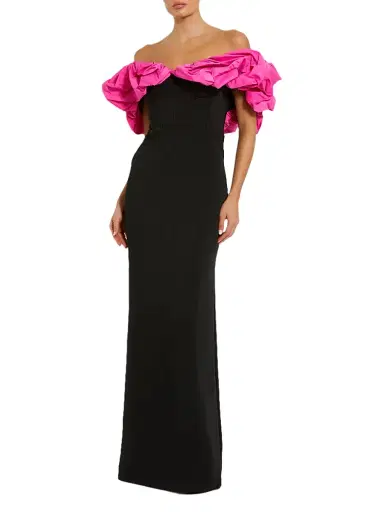 Mac Duggal Women's Prom Crepe Off-The-Shoulder Column Gown - Black Hot Pink - Size 10 | Thumbnail 1