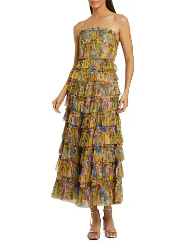 Mac Duggal Women's Cocktail Floral Tiered Strapless Maxi-Dress - Yellow Multi - Size 12 | Thumbnail 1 Mac Duggal Women's Cocktail Floral Tiered Strapless Maxi-Dress - Yellow Multi - Size 12 | Thumbnail 1