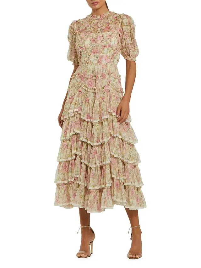 Women's Floral Ruffle HIgh-Neck Cocktail Dress -  Multi