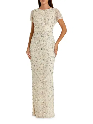 Mac Duggal Women's Evening Floral Embellished Mesh Fitted Blouson Gown - Oyster - Size 16 | Thumbnail 1 Mac Duggal Women's Evening Floral Embellished Mesh Fitted Blouson Gown - Oyster - Size 16 | Thumbnail 1