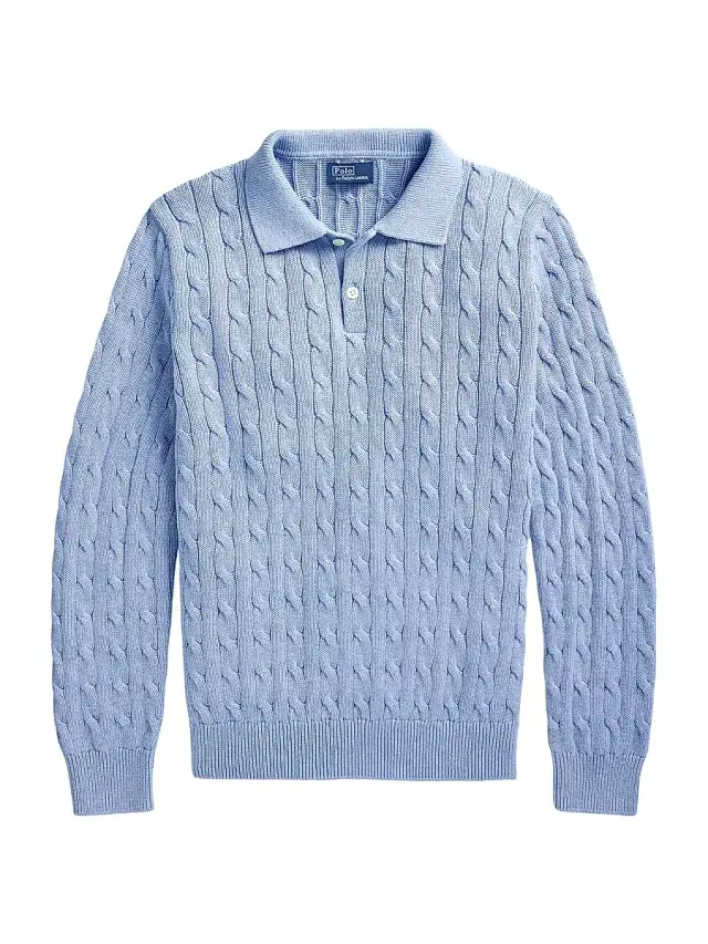 Polo Ralph Lauren Men's Cable-Knit Cotton Polo-Collar Sweater - Blue Hyacinth Heather