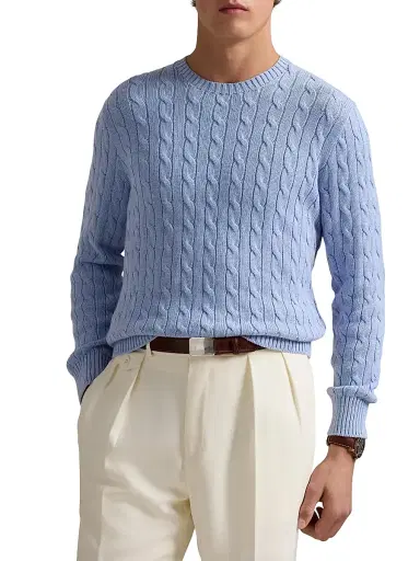 Polo Ralph Lauren Men's Cable-Knit Cotton Crewneck Sweater - Blue Hyacinth Heather - Size XXL | Thumbnail 2