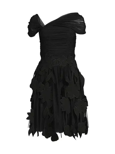 Shani Women's Ruched Tulle Laser-Cut Minidress - Black - Size 16 | Thumbnail 1 Shani Women's Ruched Tulle Laser-Cut Minidress - Black - Size 16 | Thumbnail 1