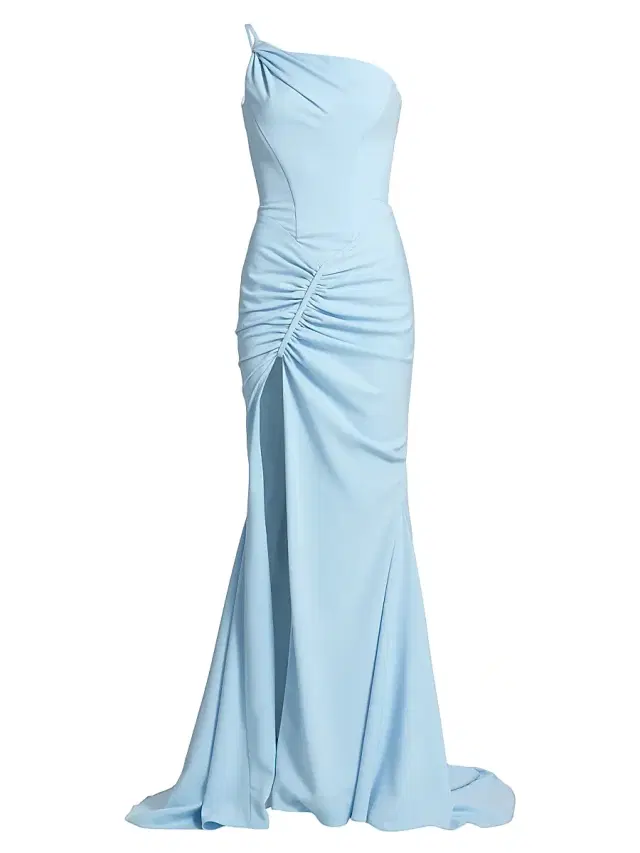 Women's Scout One-Shoulder Stretch Crepe Slit-Front Gown - Sky Blue