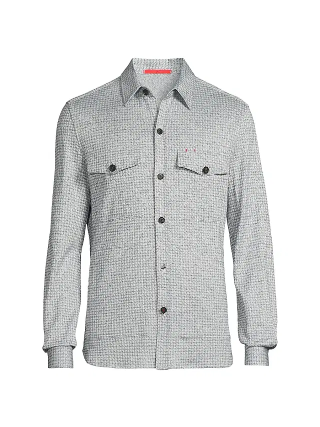 Isaia Men's Houndstooth Linen-Silk-Cotton Overshirt - Blue White