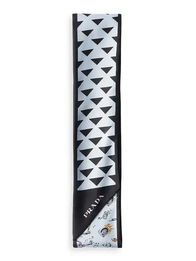 Women's Skinny Printed Silk Twill Rectangular Scarf - Black