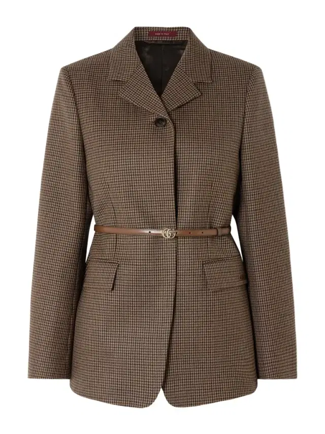 Leather-trimmed Belted Houndstooth Wool Blazer